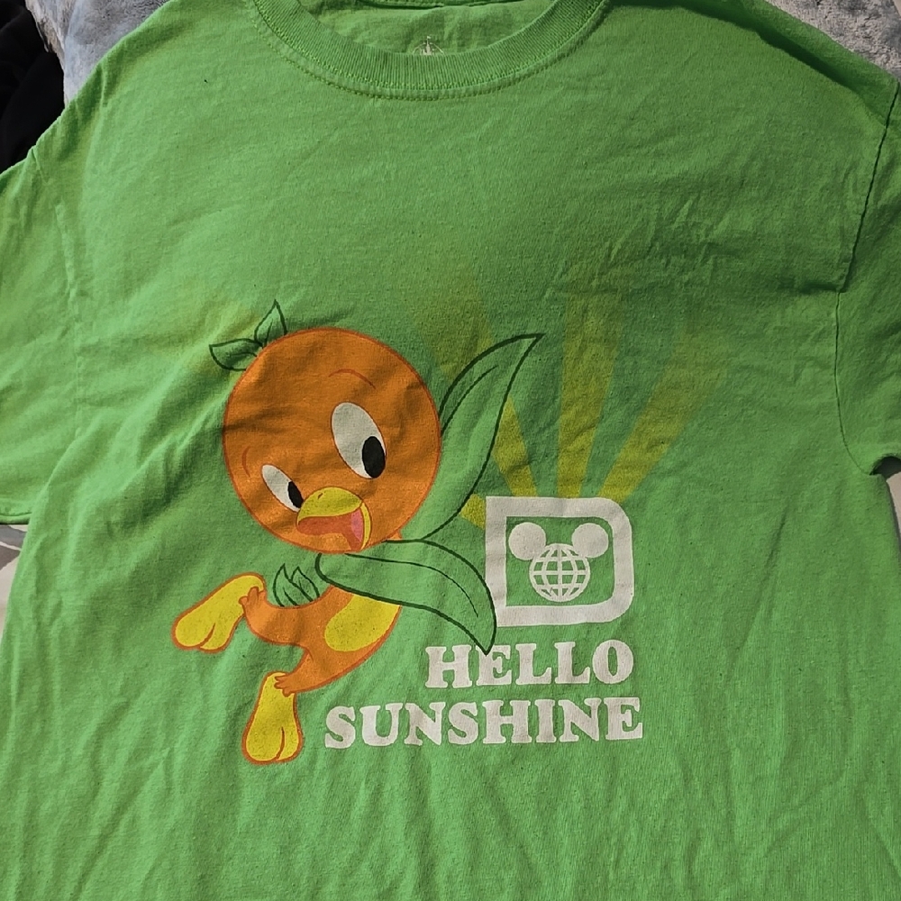 EUC Disney Green Tee SIZE MEDIUM Orange Bird Hello SUNSHINE